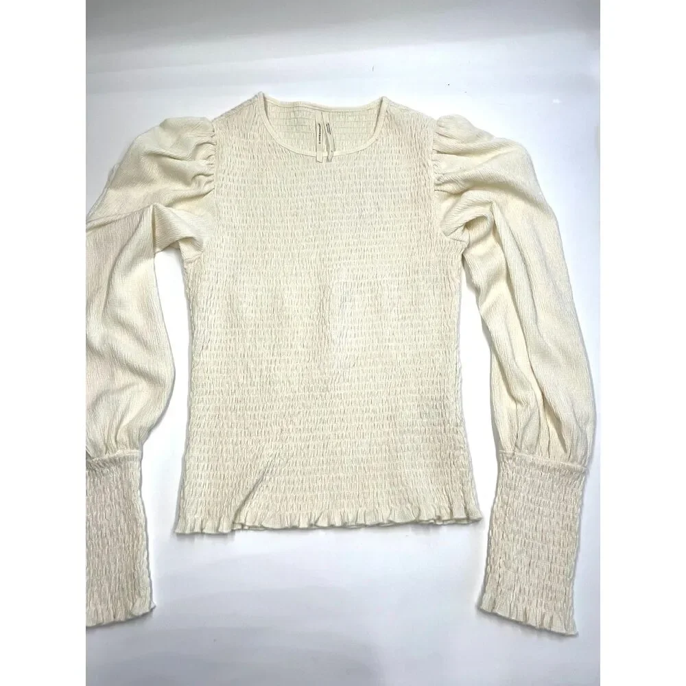 Anthropologie Smocked Puff Sleeve Top Cream Sz M Boho Prairie Cowgirl Indie